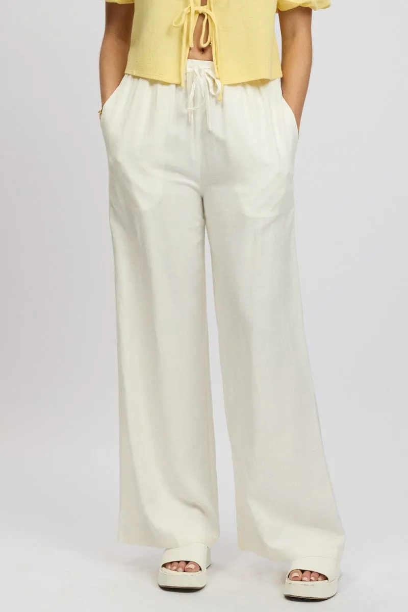 StretchMaterial ErgonomicArticulatedDesign White Wide Leg Pants Elasticated Waist