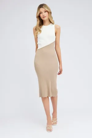 Beige Midi Dress Round Neck Colour Blocked Knit Field Glow