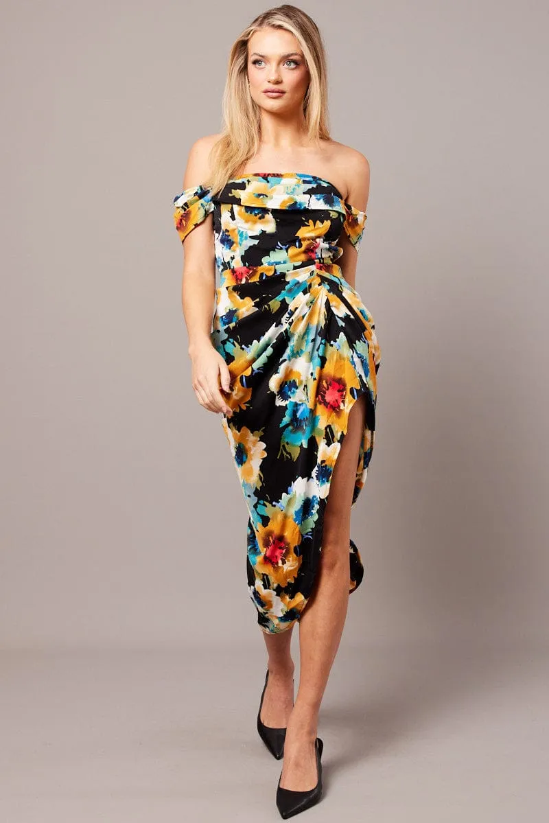 Black Floral Bardot Midi Dress Draped Off Shoulder Dress Confident Girl Wearable Art