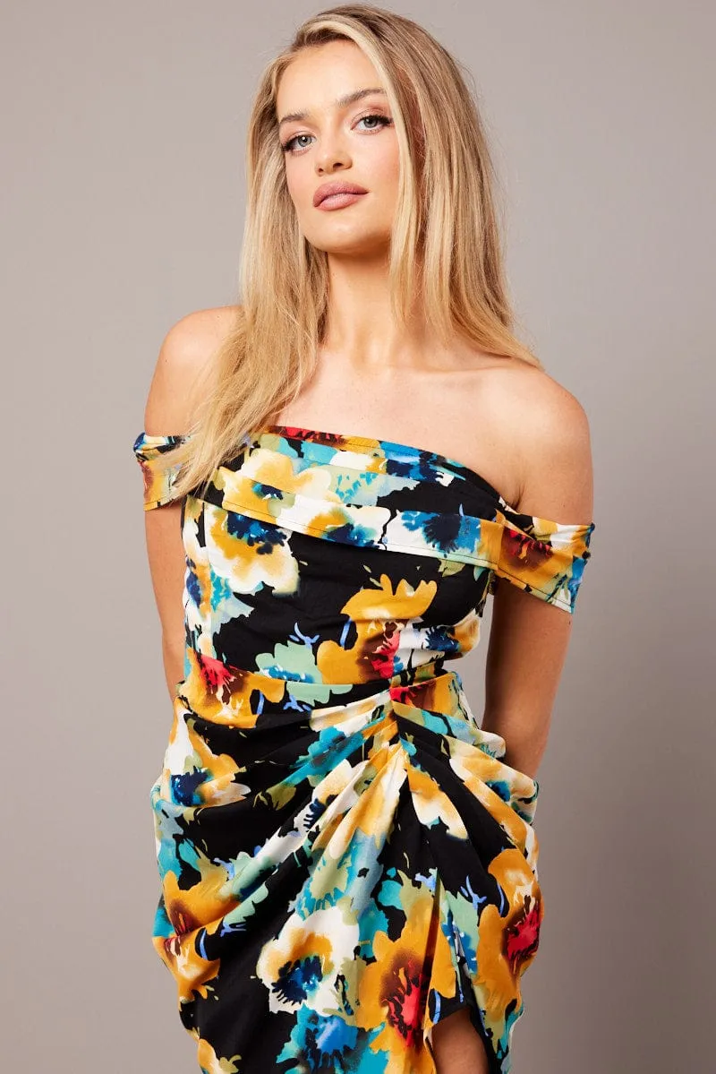 Black Floral Bardot Midi Dress Draped Off Shoulder Dress Fashionable Fit Amber Light