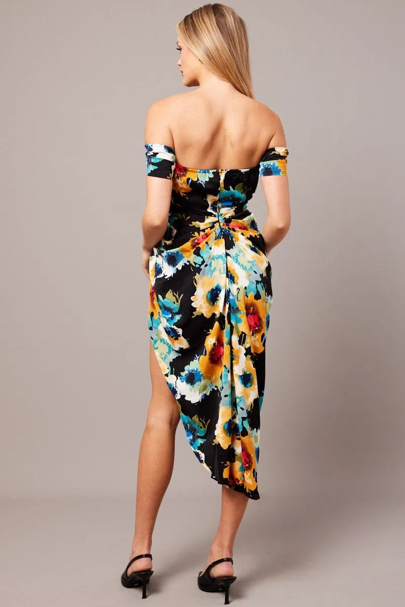 Sunrise Feel Black Floral Bardot Midi Dress Draped Off Shoulder Dress