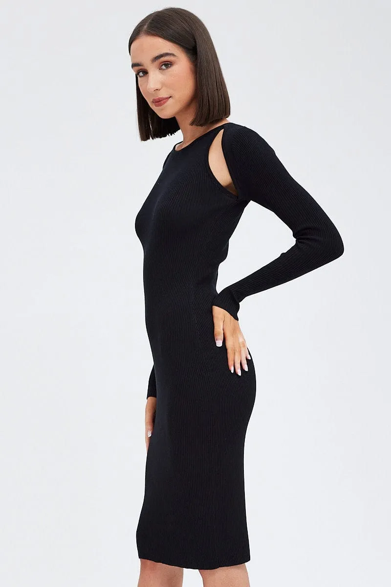 Black Midi Dress Long Sleeve Keyhole Bodycon Rib Knit Fashionable details Chic Vibes