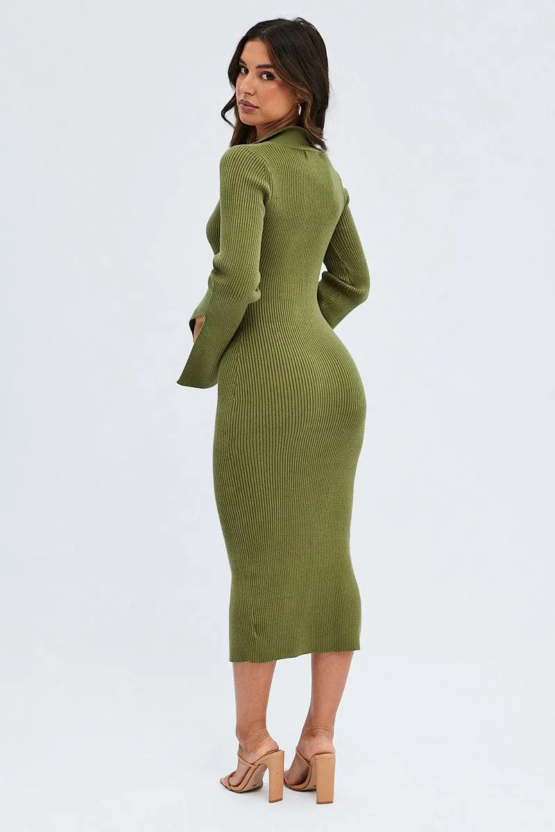 Green Midi Dress Long Sleeve V-Neck Collared Knit Light Comfort Velvet Smooth