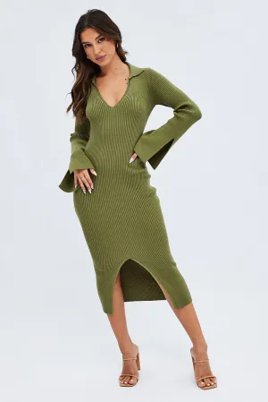 Green Midi Dress Long Sleeve V-Neck Collared Knit Urban Casual