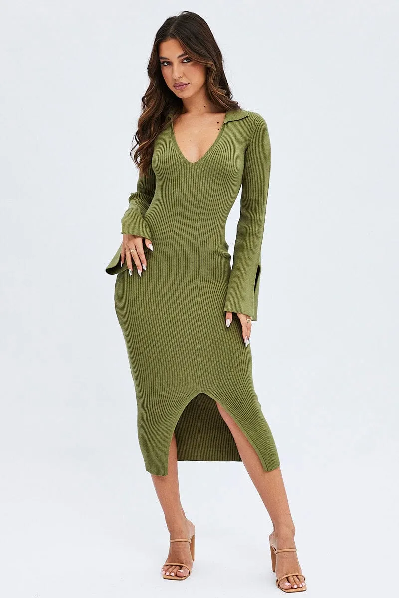 Chic and Simple Gallery Tour Green Midi Dress Long Sleeve V-Neck Collared Knit