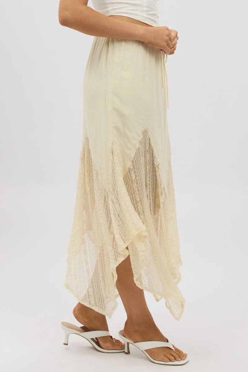 Flared hem Convertible Style White Lace Elastic Waist Scarf Hem Maxi Skirt