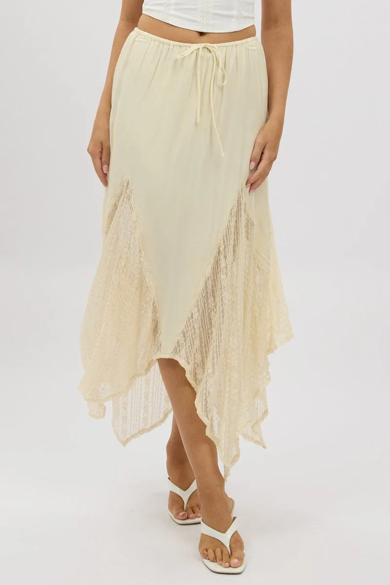 Non Irritating Seams Polished Fit White Lace Elastic Waist Scarf Hem Maxi Skirt