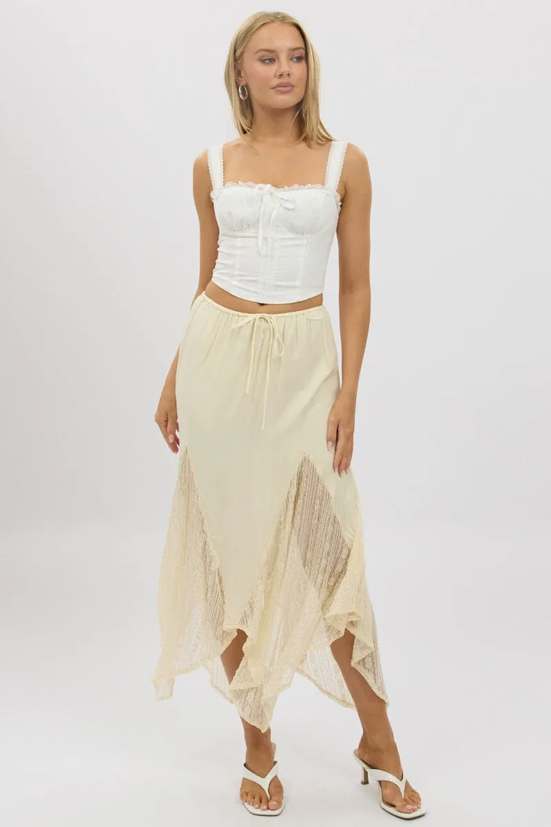 Embroidered Detail premium fabric White Lace Elastic Waist Scarf Hem Maxi Skirt