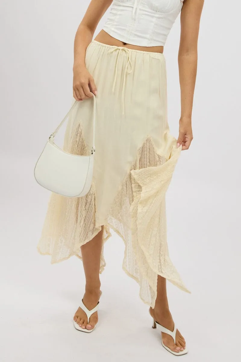 Bold Mood Seamless construction White Lace Elastic Waist Scarf Hem Maxi Skirt