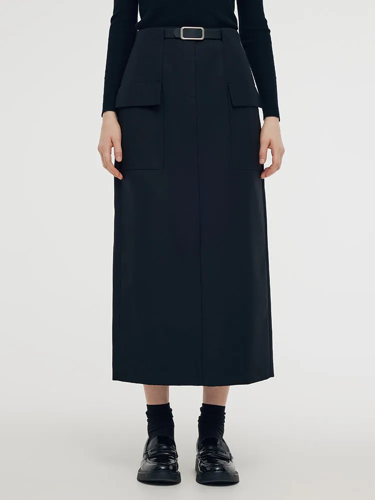 Back Slit Women Column Midi Skirt With Belt Weekend Ready