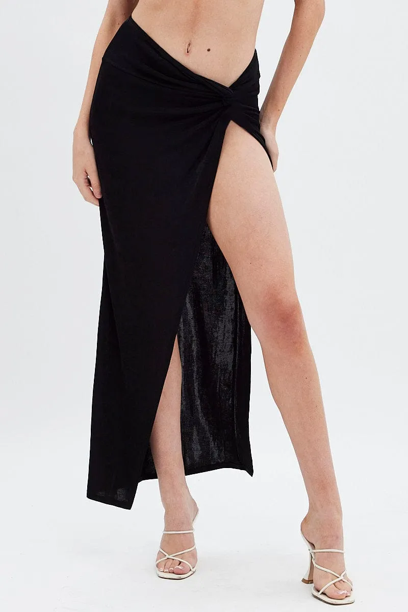 Double Layered Design Black Twist Maxi Skirt