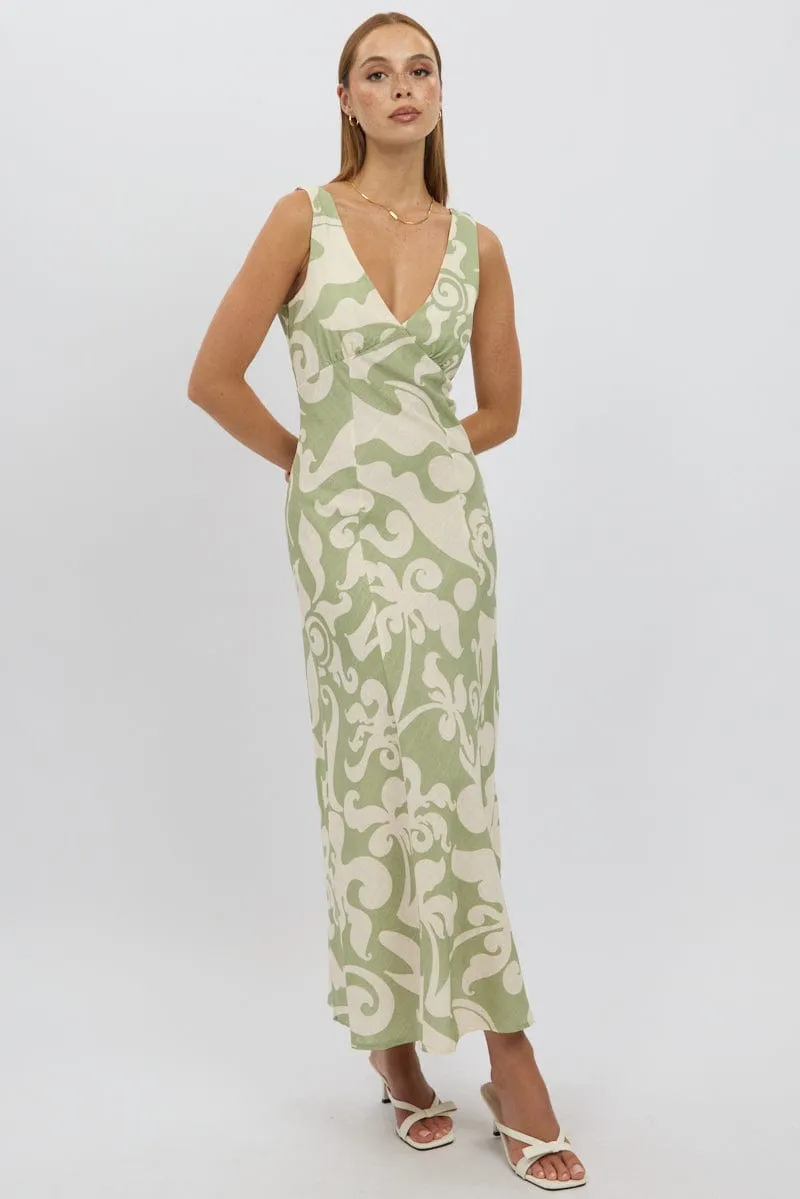 Green Abstract Midi Dress V Neck Sleeveless Effortless Comfort