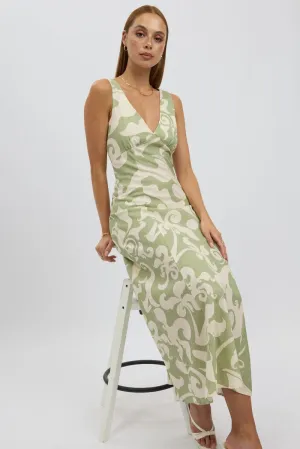 Green Abstract Midi Dress V Neck Sleeveless Stylish Details Harbor Light