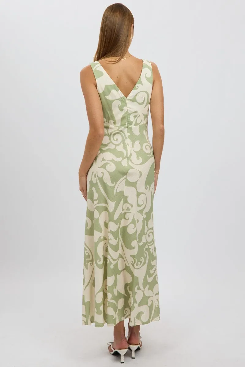 Young Professional Green Abstract Midi Dress V Neck Sleeveless