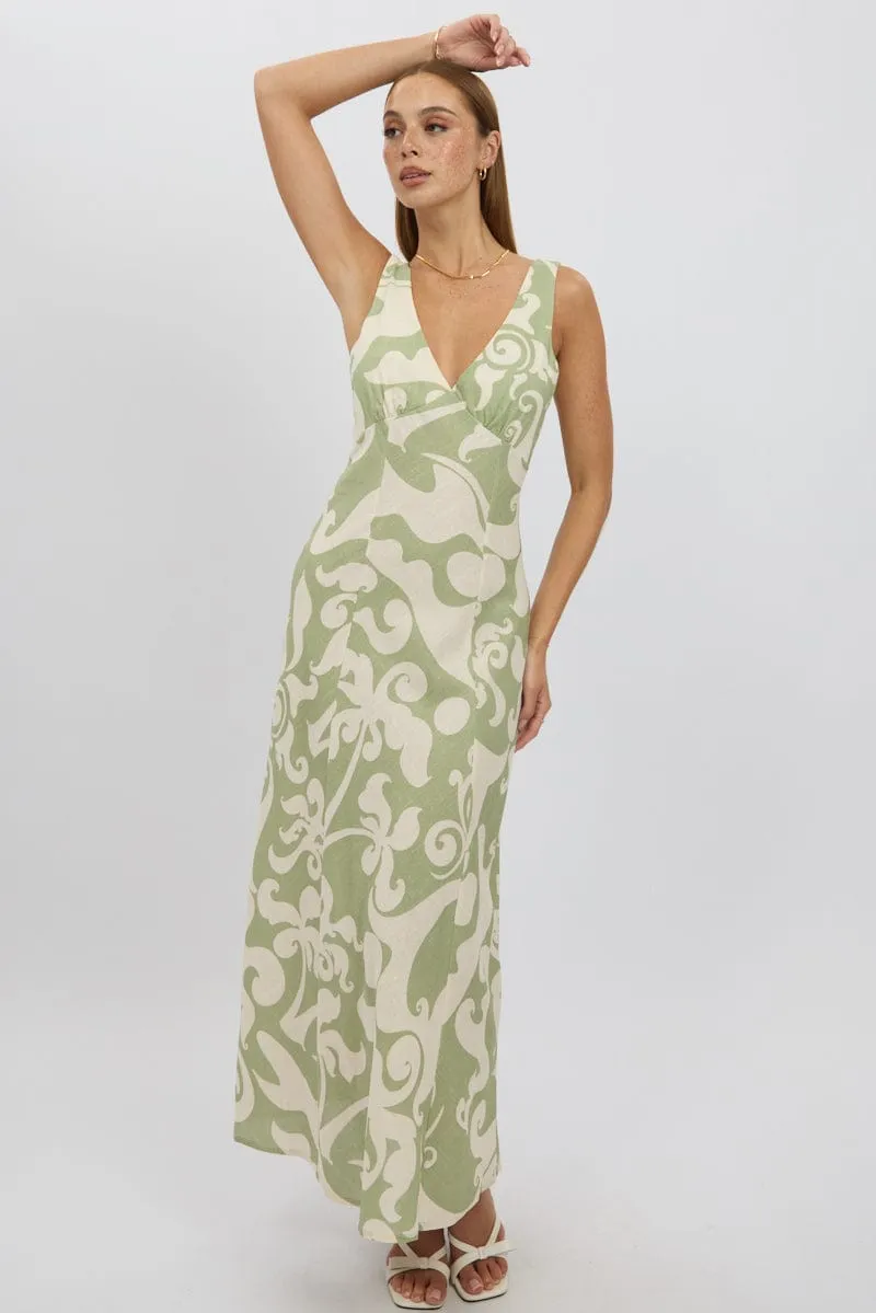 Green Abstract Midi Dress V Neck Sleeveless Charming Wardrobe Vibrant Look