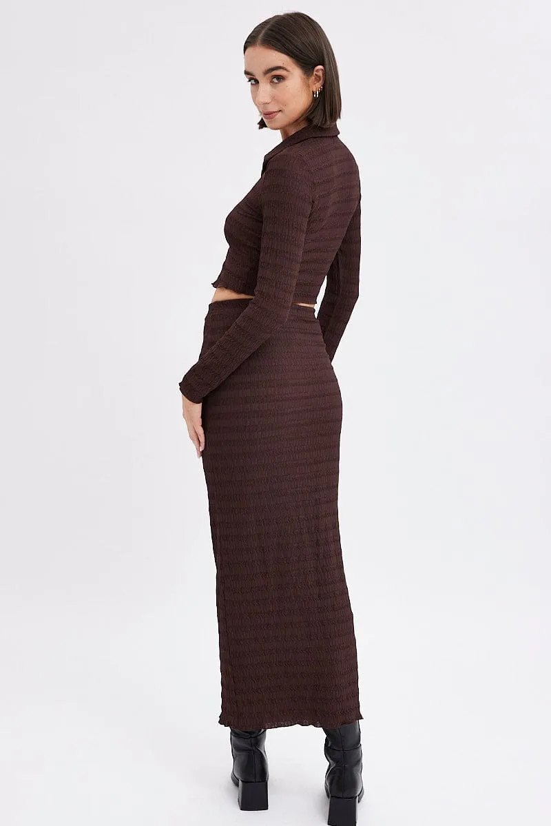 Active Wear Convertible Length Brown Maxi Skirt Bodycon Textured Jersey