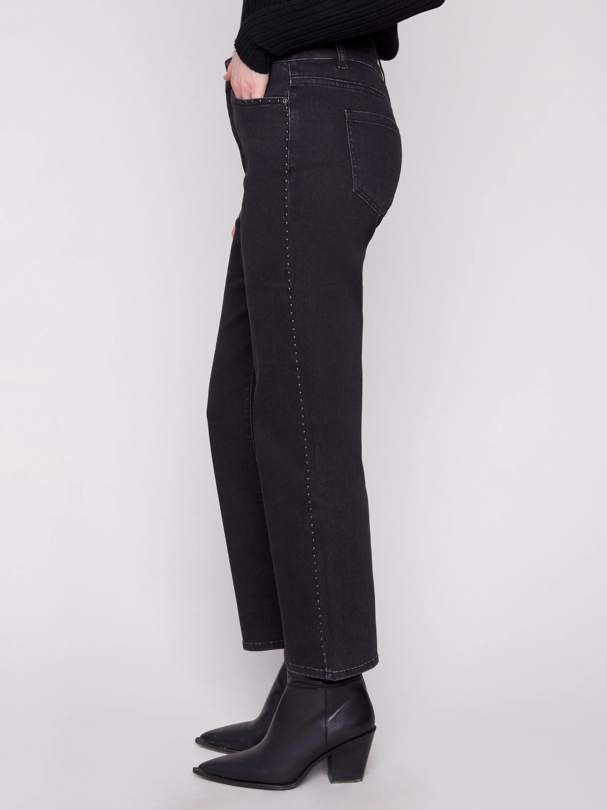Neutral Tone Straight Leg Jeans With Side Studs - Charcoal