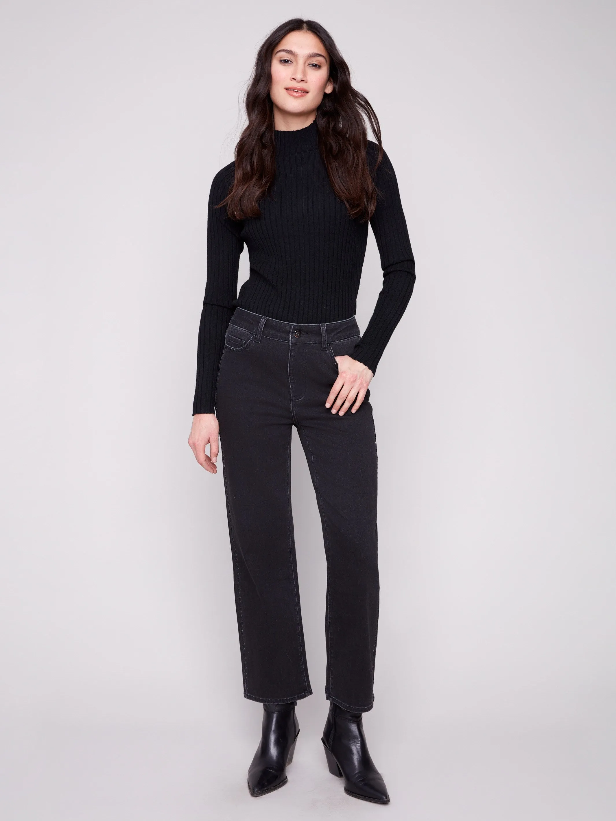 Mid Rise Structure Straight Leg Jeans With Side Studs - Charcoal