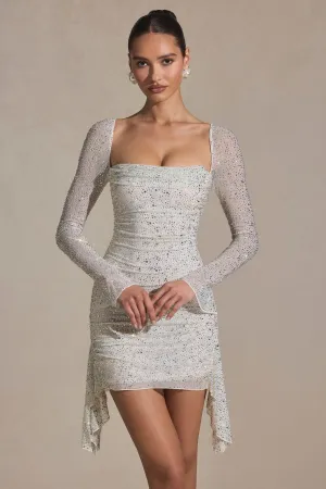 Club Rush Trendy Mood Embellished Draped Cowl-Neck Mini Dress in White