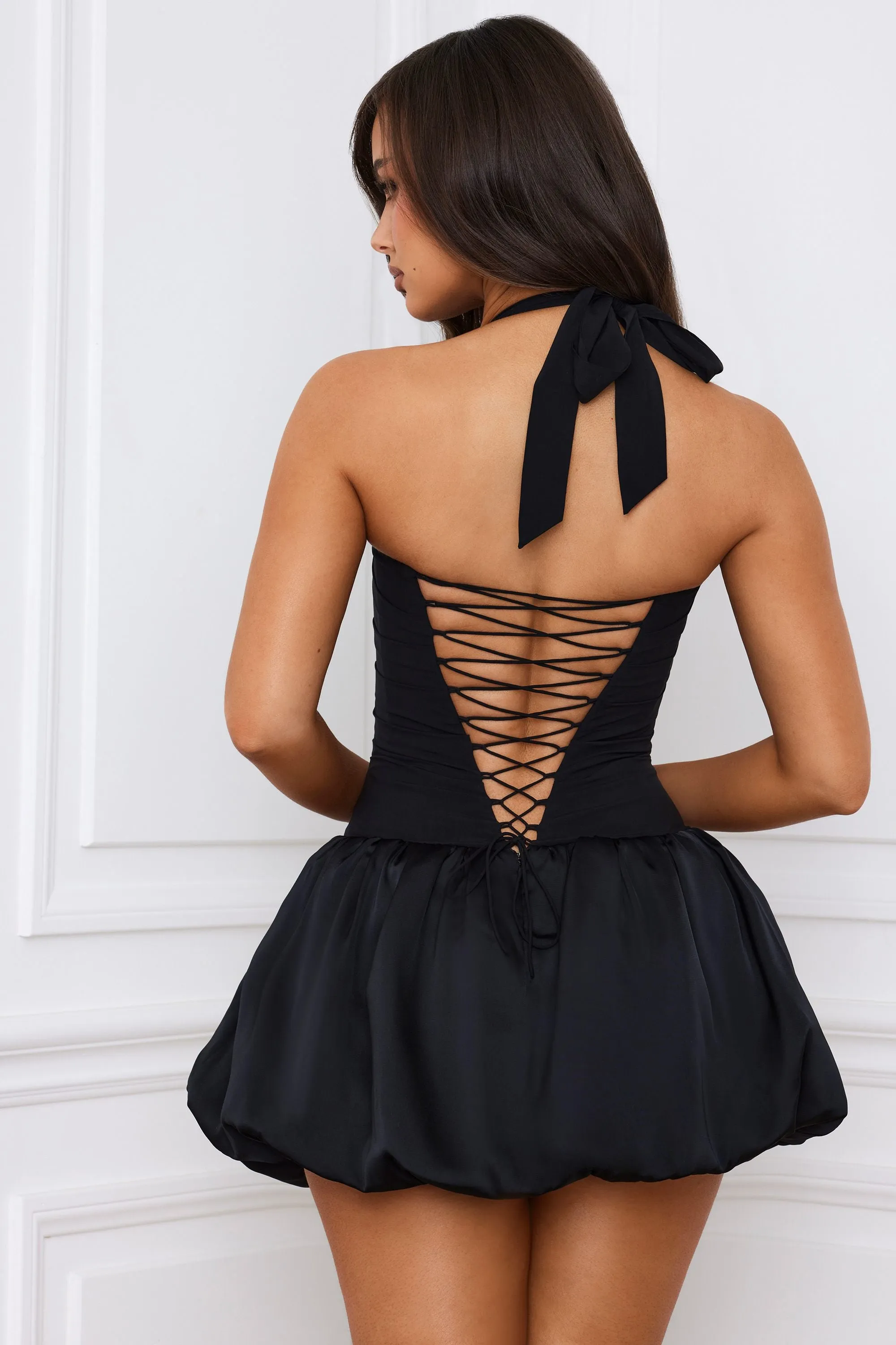 Edge Beat Timeless Fashion Wear Halterneck Lace-Up Bubble Hem Corset Micro Mini Dress in Black