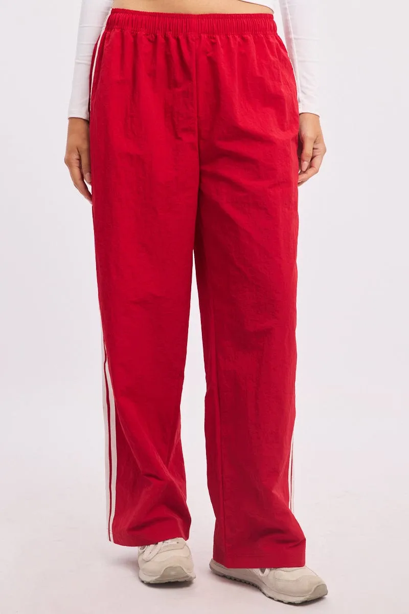 Durable Hemming Red Track Pants Side Stripe