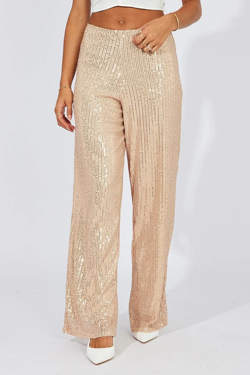 Beige Wide Leg Pants High Rise Sequin Perfectly Relaxed