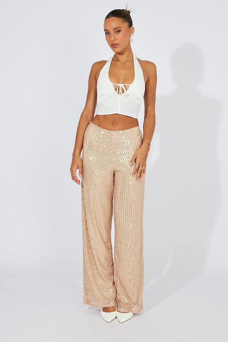 Beige Wide Leg Pants High Rise Sequin Breath Friendly Flexible Knee Articulation