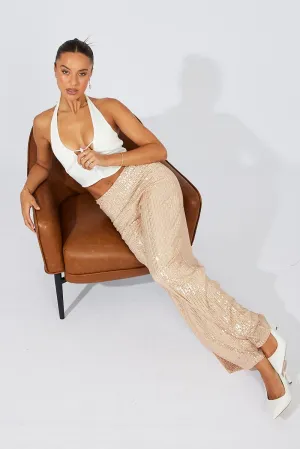 Beige Wide Leg Pants High Rise Sequin Belt loops Versatile Wearable