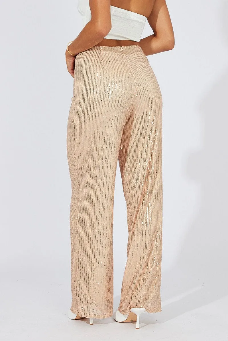 TouchscreenCompatiblePockets Beige Wide Leg Pants High Rise Sequin