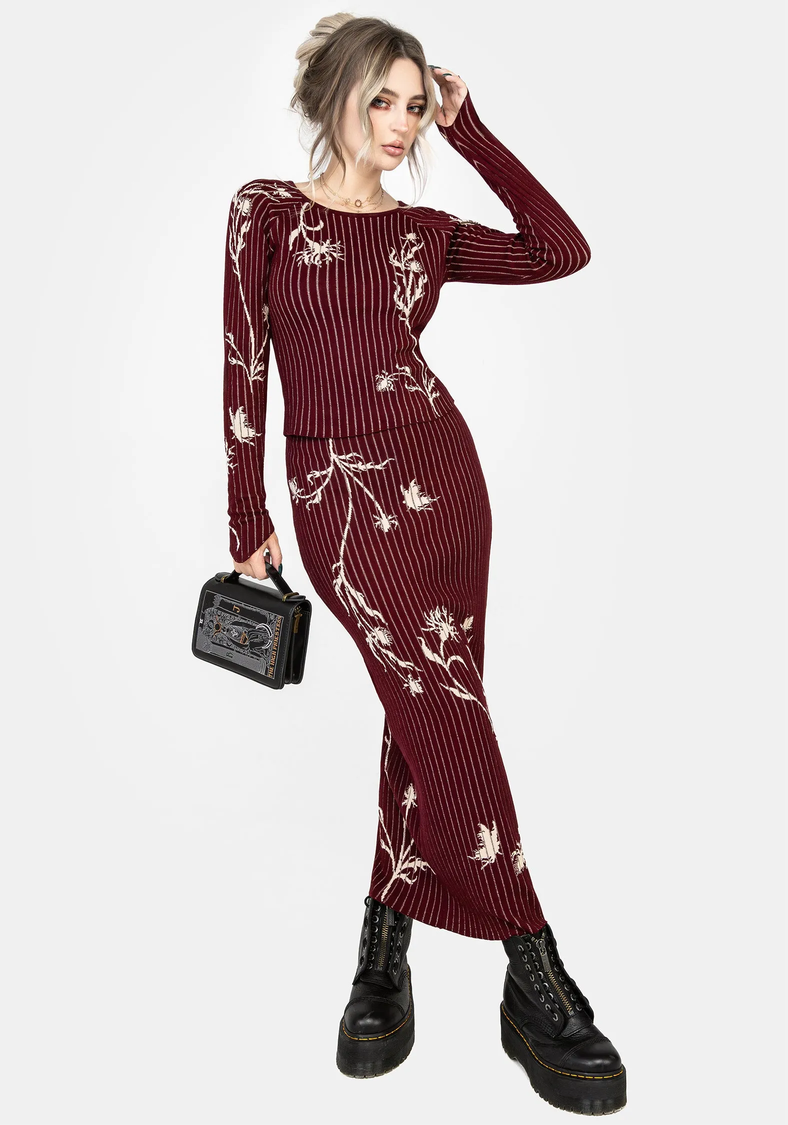 Diastella Floral Jacquard Rib Knit Maxi Skirt Summer Picnic