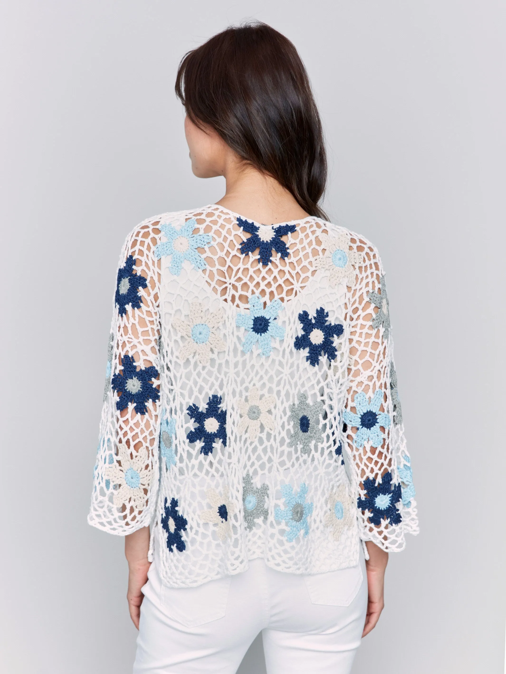 Tactile Grid Knit Winter Must-Have Knit Handcrafted Floral Crochet Top - Blue