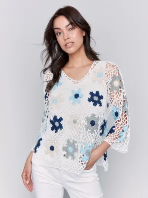 fuzzy texture Handcrafted Floral Crochet Top - Blue