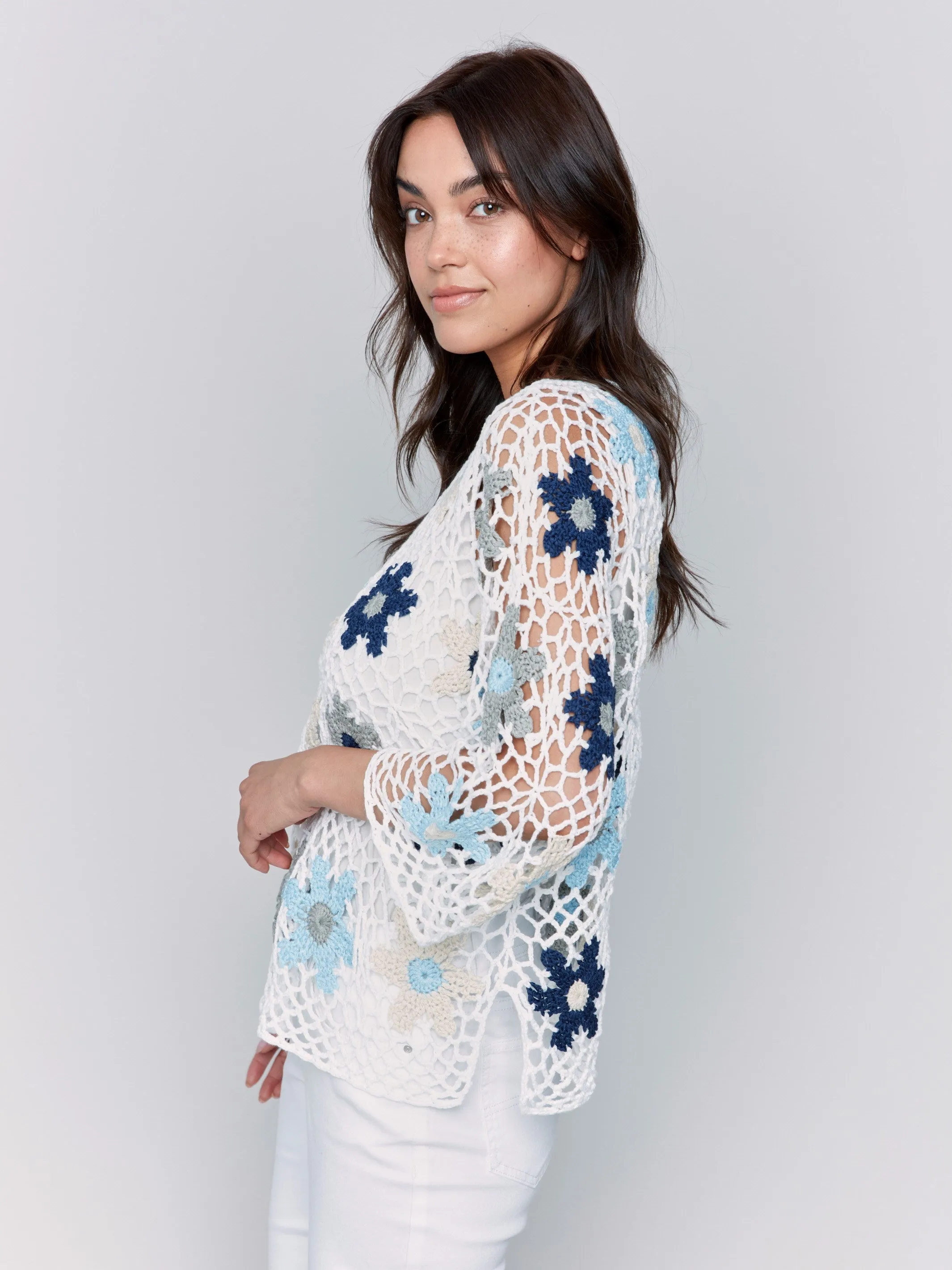 Trendy Warmth Winter Fashion Must-Have Handcrafted Floral Crochet Top - Blue