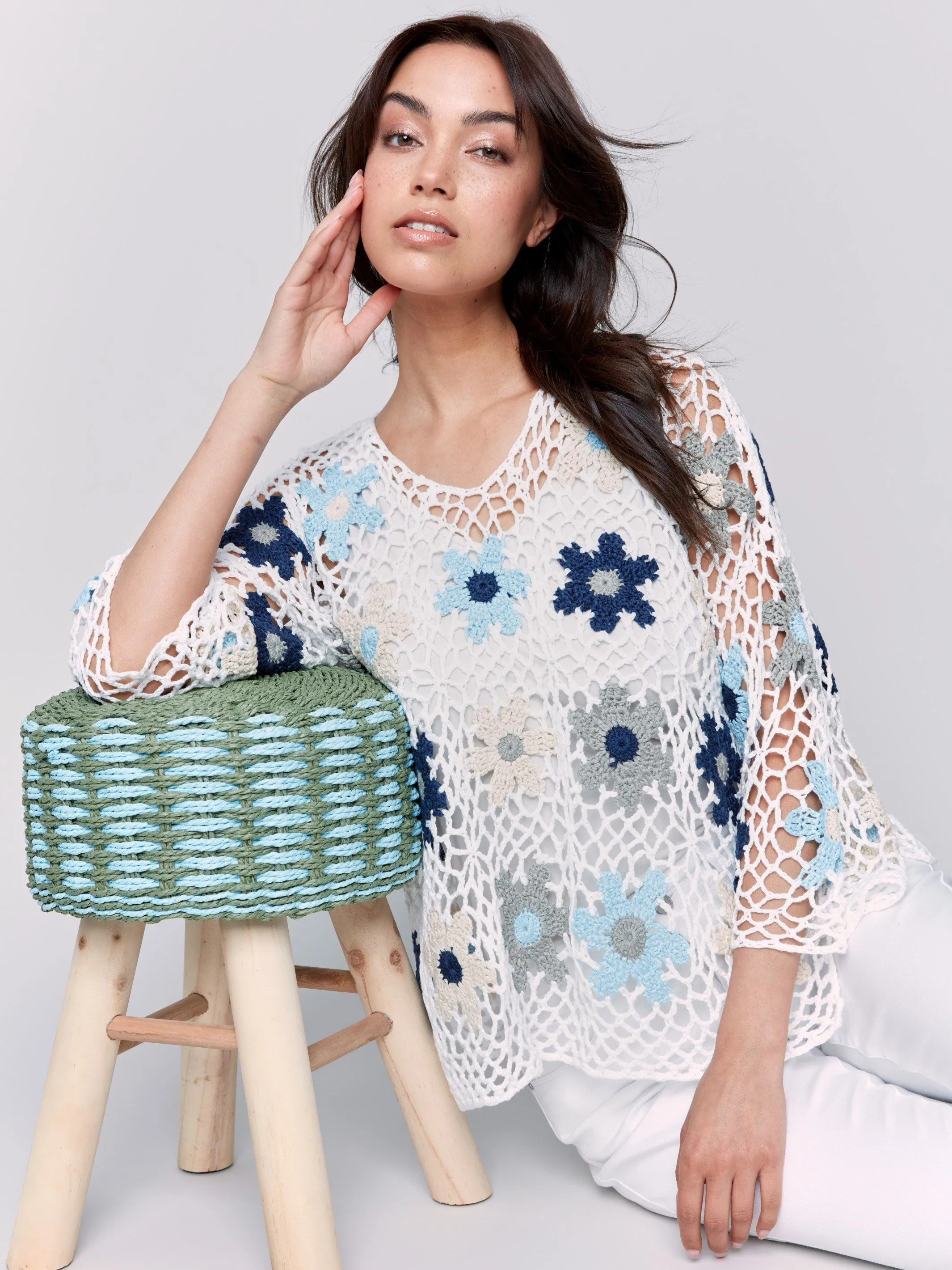 Moisture wicking Wrinkle Resistant Knit Handcrafted Floral Crochet Top - Blue