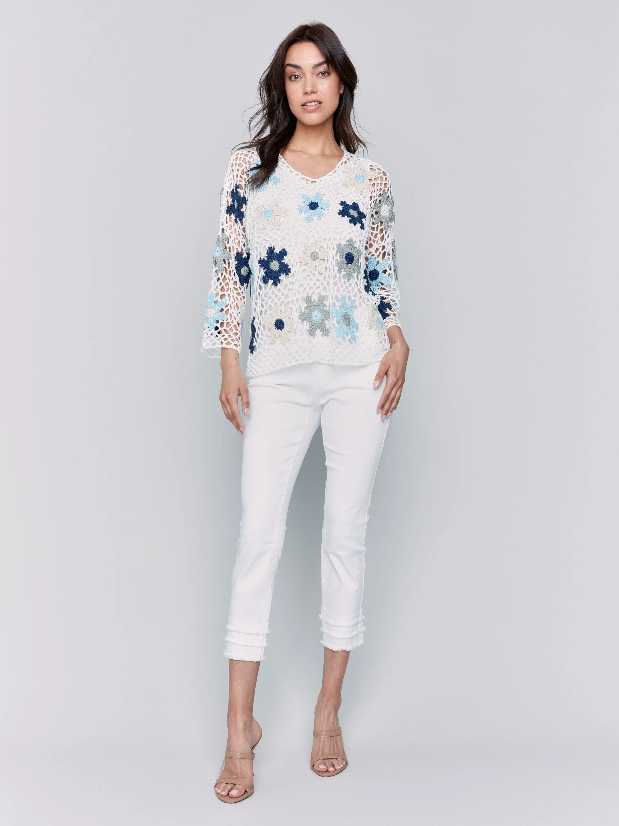 Winter Knitwear Handcrafted Floral Crochet Top - Blue
