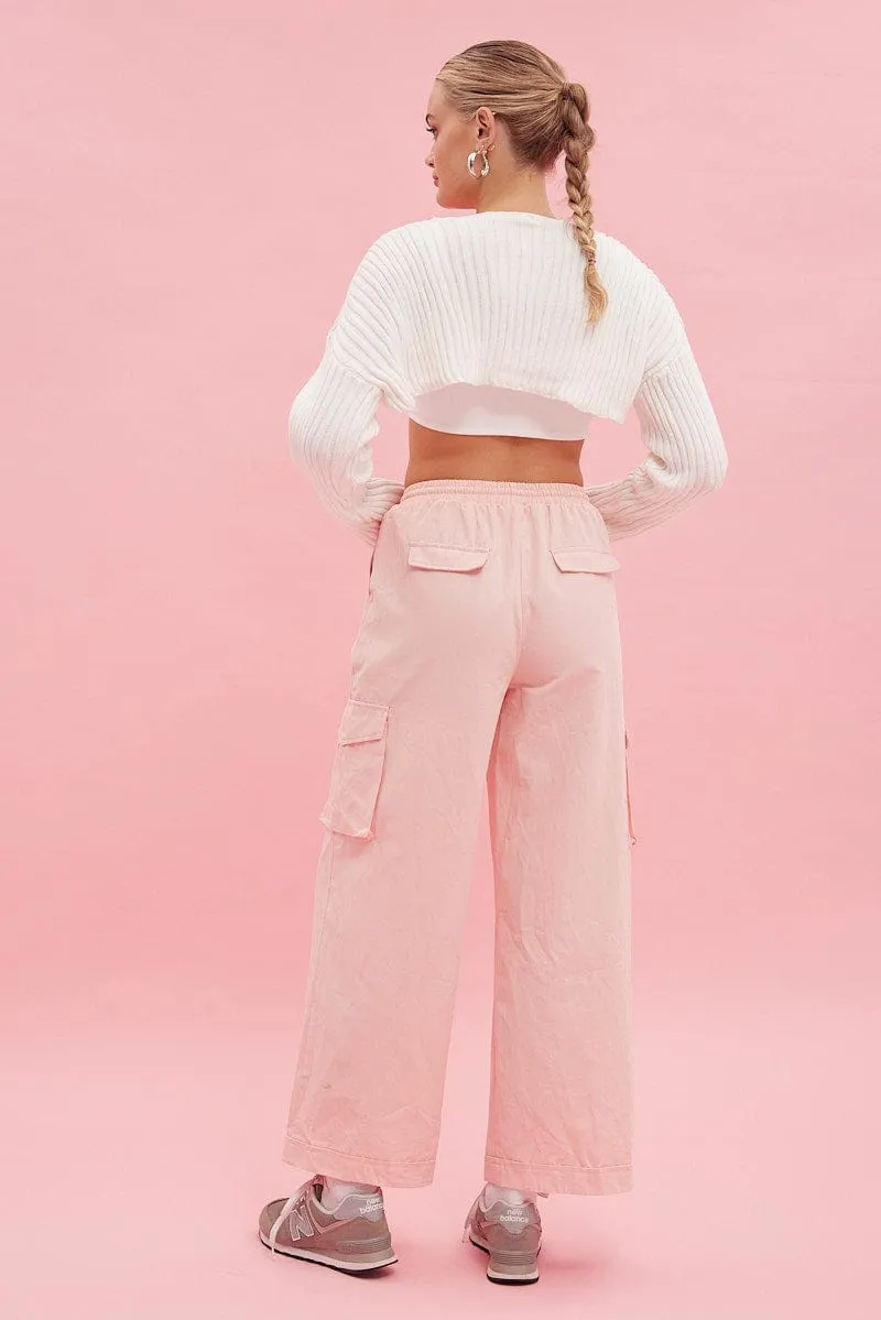 Flexible Seam DoubleLayeredFabric Pink Cargo Pant Wide Leg Elastic Waist Cotton Twill