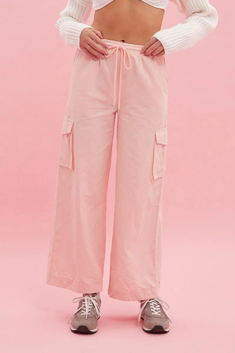 Pink Cargo Pant Wide Leg Elastic Waist Cotton Twill Odor Control Tech Relaxed Comfort Look