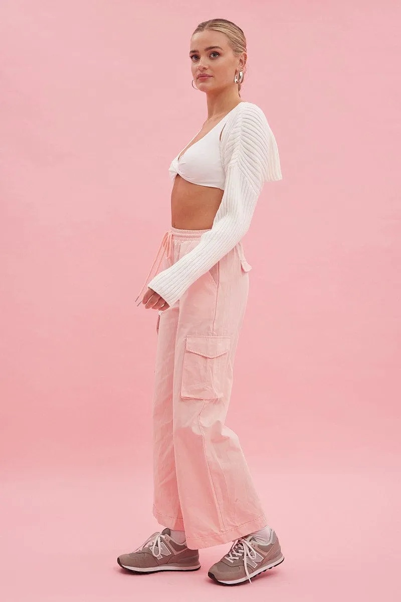 Elastic Free Cuffs Pink Cargo Pant Wide Leg Elastic Waist Cotton Twill