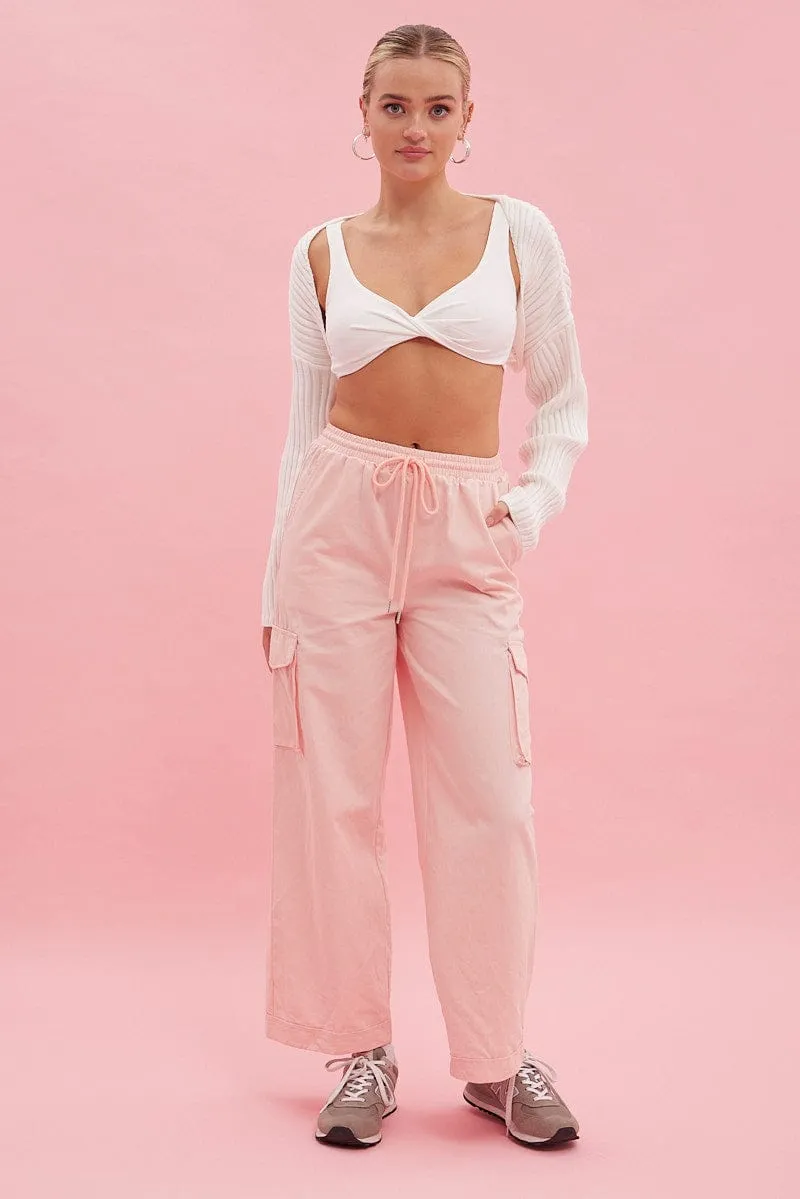 Sporty Touch Pink Cargo Pant Wide Leg Elastic Waist Cotton Twill