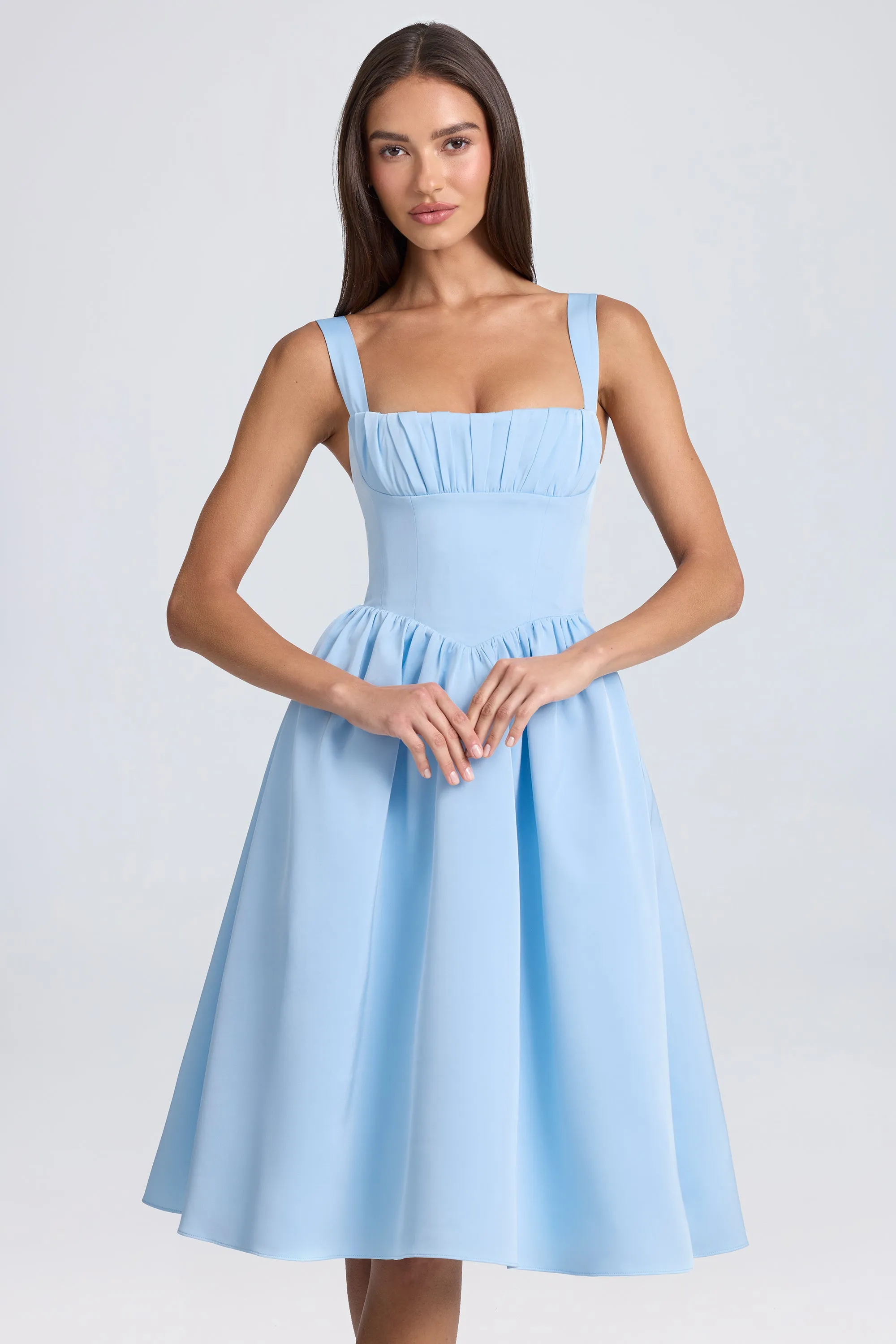 Draped Corset Midaxi Dress in Powder Blue Play Mode