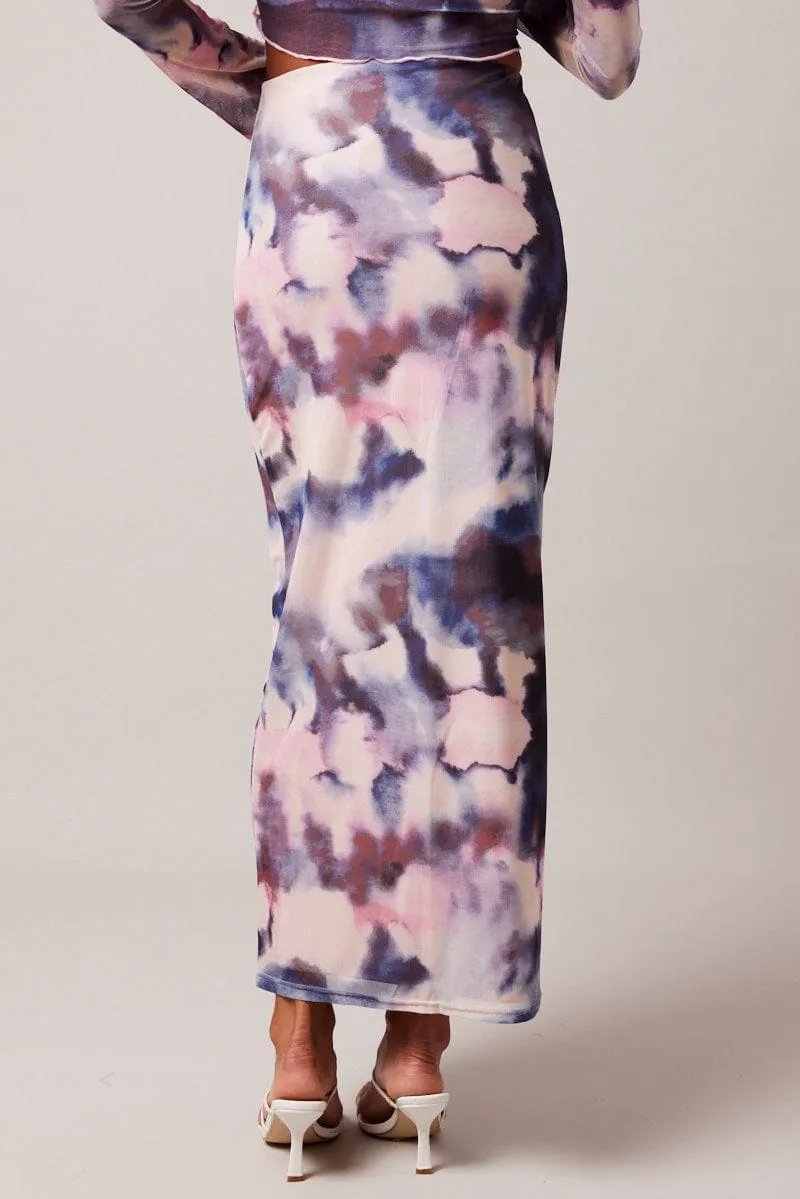 Everyday Comfort Multi Abstract Maxi Skirt High Rise Mesh