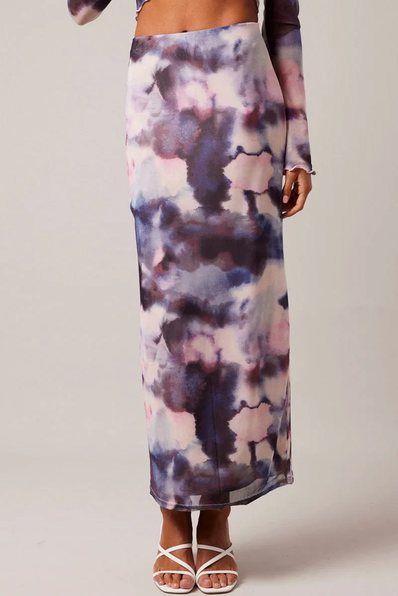 Multi Abstract Maxi Skirt High Rise Mesh Curvy Fit