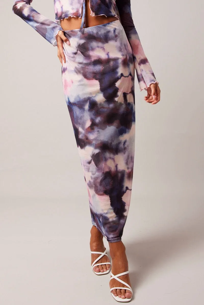 Multi Abstract Maxi Skirt High Rise Mesh Daily Essential Department Store Style