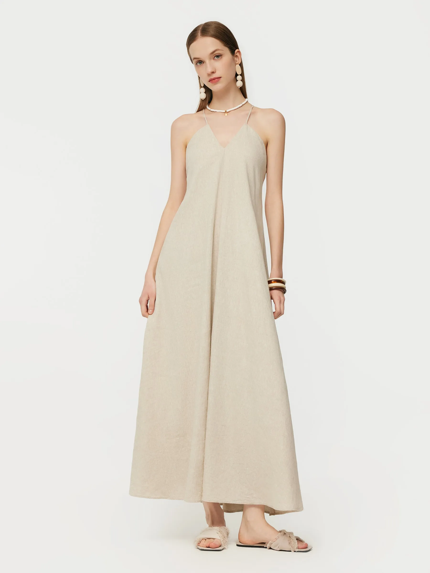 Dynamic Glow 100% Linen Women Backless Strap Maxi Dress
