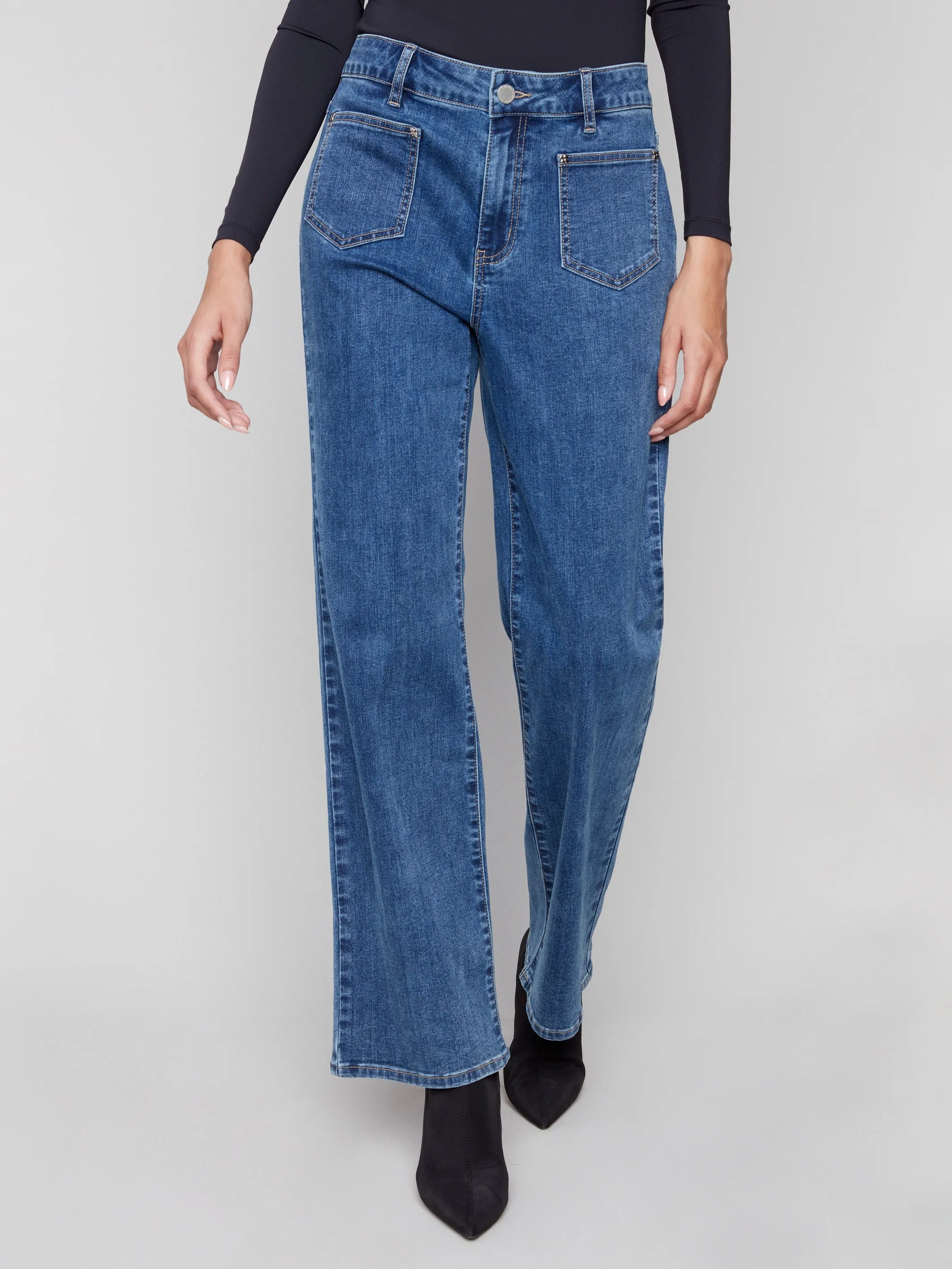 Stretch Free Fit Patch Pocket Flare Jeans With Rivets - Medium Blue