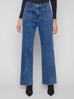 Everyday Use Cool Essentials Patch Pocket Flare Jeans With Rivets - Medium Blue