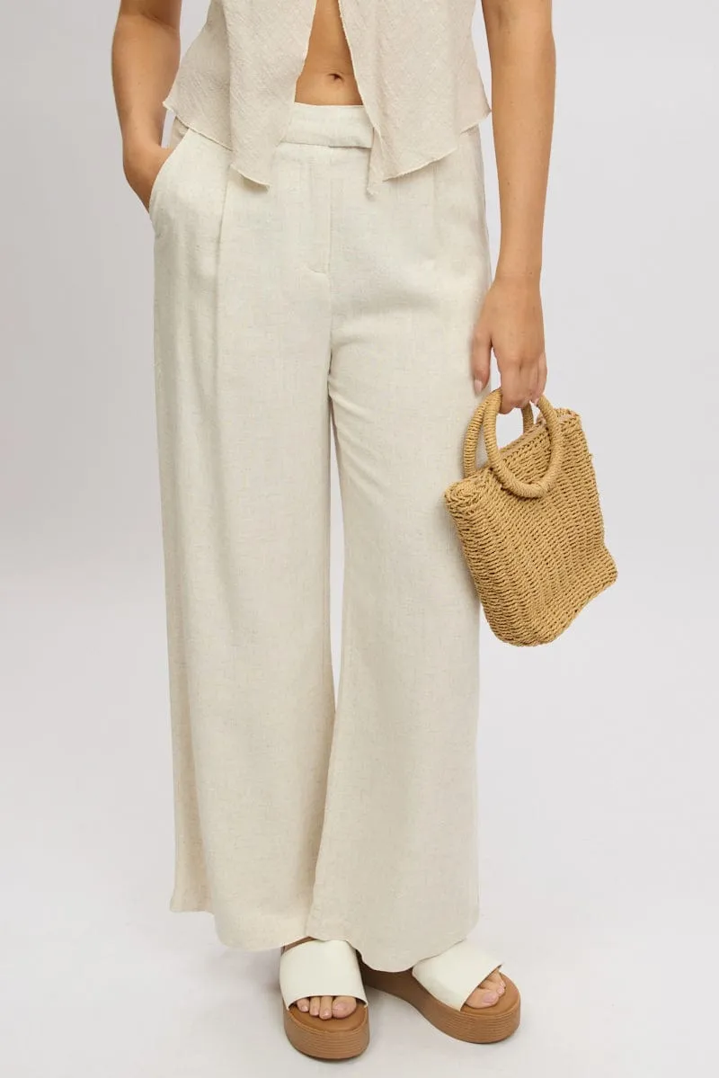 Beige Wide Leg Pants Mid Rise High Durability Thread