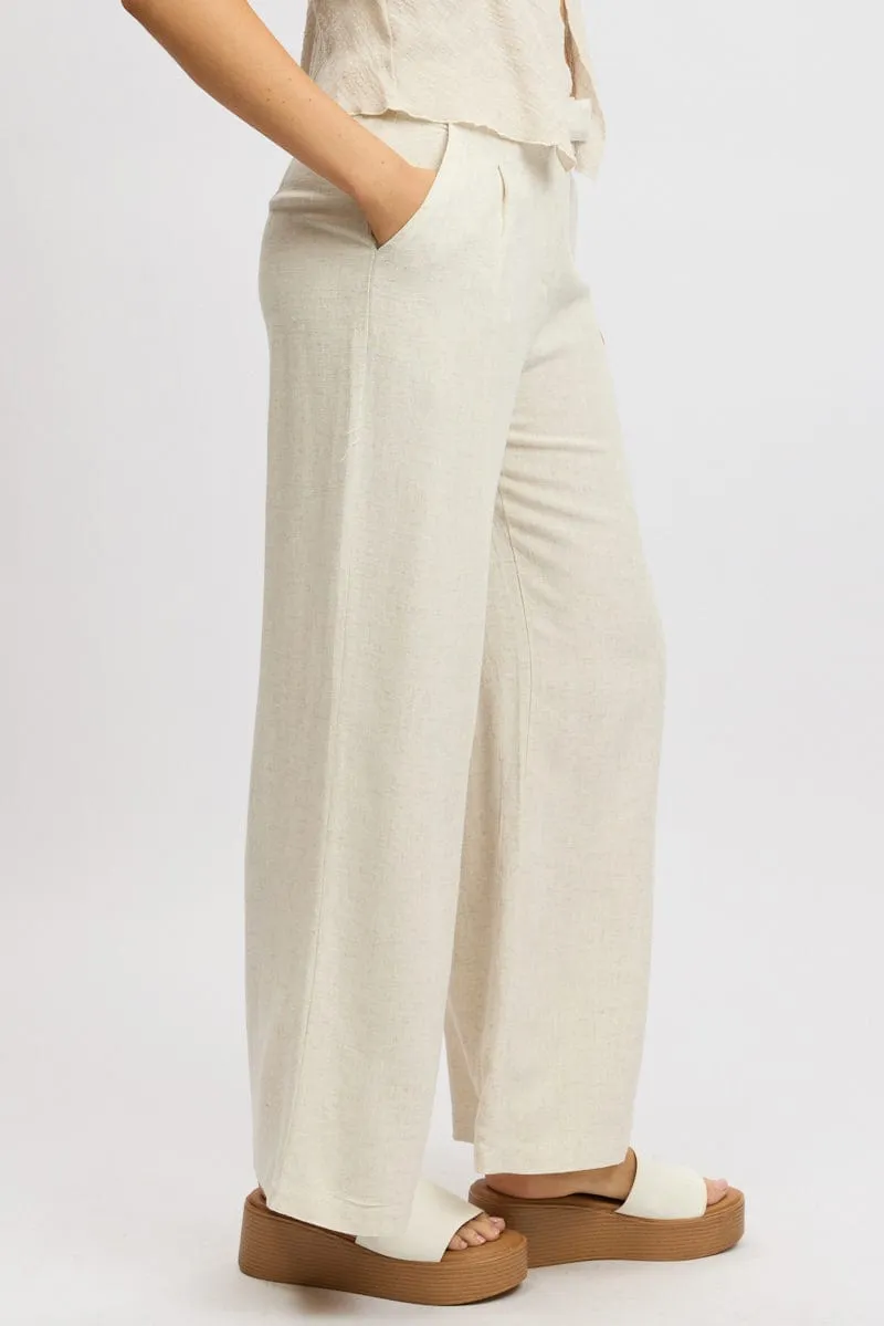 Beige Wide Leg Pants Mid Rise Smooth Fabric Form Fitting