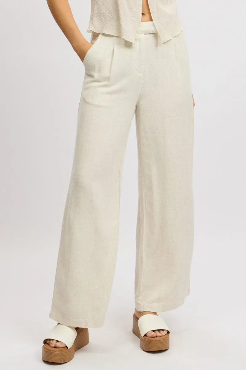 Sleek Comfort Versatile Waist Beige Wide Leg Pants Mid Rise