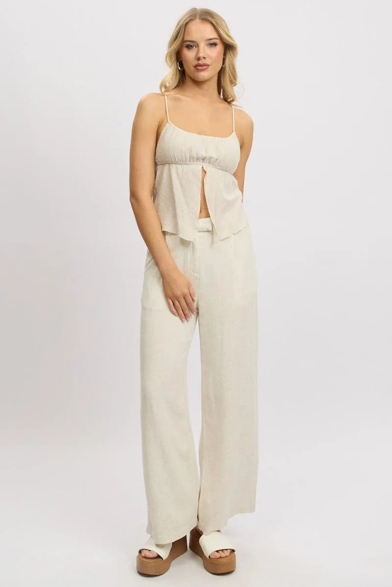 Flexible Knee Panels Classic Comfort Beige Wide Leg Pants Mid Rise